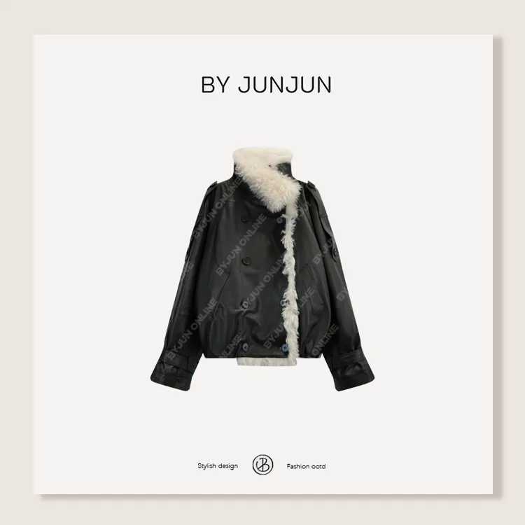 ByJunjun冬季新款美杜莎绵羊皮鹅绒外套显瘦保暖羽绒皮衣