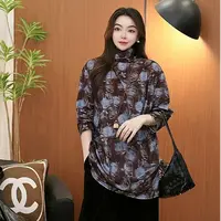 【大蜜】3057#时尚半高领网纱印花卉长袖宽松显瘦透气女装打底上衣