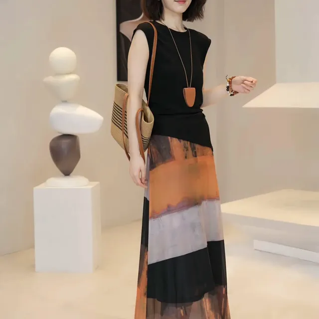 今年流行的漂亮套装裙女夏季后纽扣抽绳上衣晕染网纱半身裙两件套