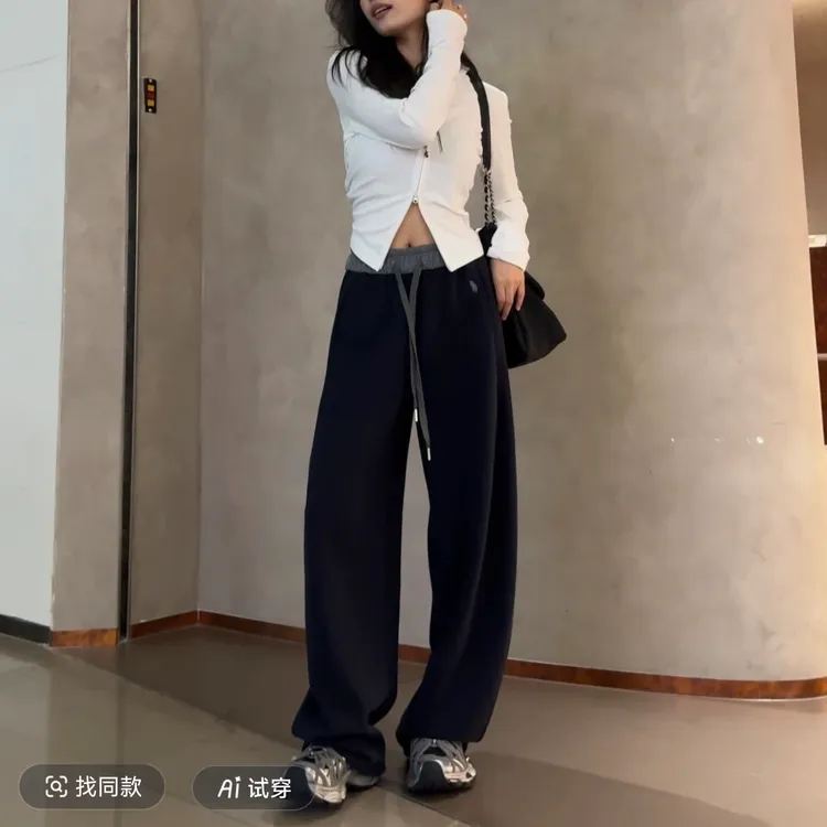 刺绣拼色高腰束脚两穿阔腿卫裤女一裤两穿拖地裤
