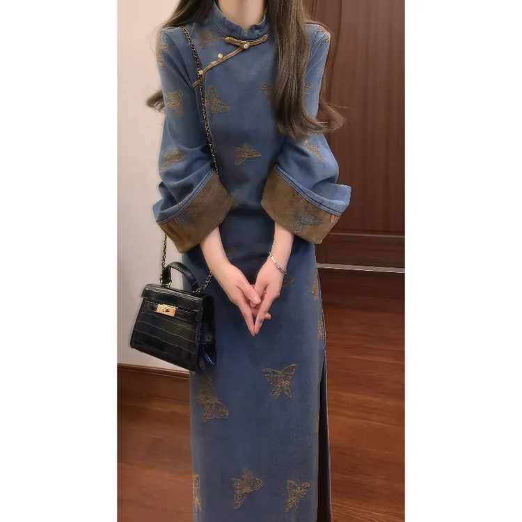 新中式国风复古高级感改良旗袍连衣裙秋冬季民国风牛仔长裙9829