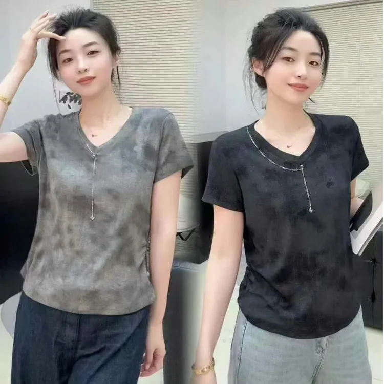 6820女装遮肚子v领扎染弧形正肩短袖T恤女胖妹妹收腰显瘦遮肉上衣