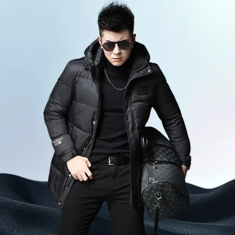 巴赛娜缇连帽羽绒服男装潮牌冬装加厚保暖男士外套中长款羽绒衣潮