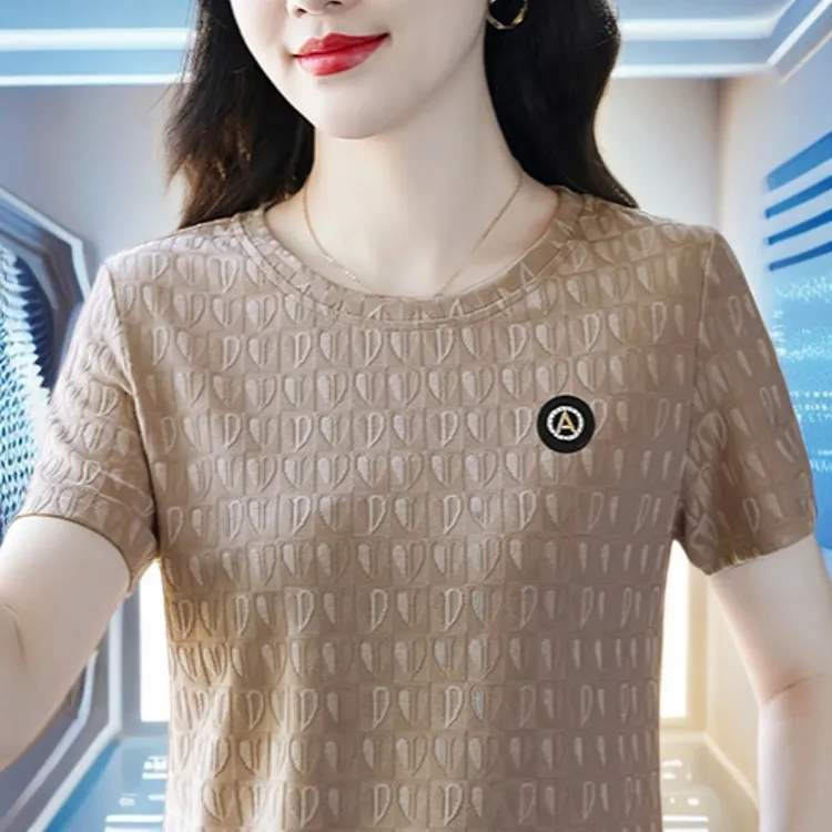 高档妈妈短袖t恤女夏季圆领上衣减龄港风中老年显瘦宽松运动体恤