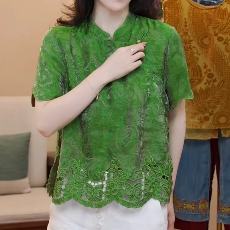 2025夏季新款百搭显瘦气质时尚下摆镂空短袖上衣LK253983