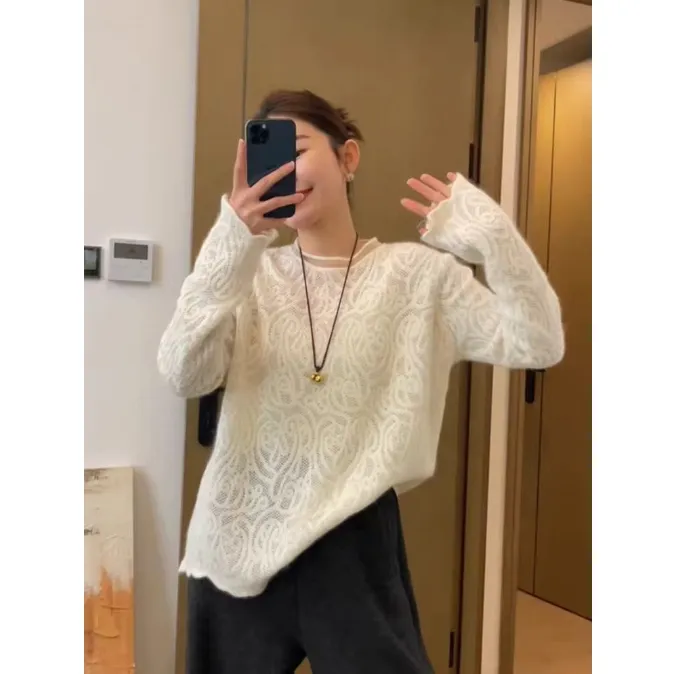 【蔓黛】法式钩花蕾丝圆领长袖针织衫女春秋气质温柔风花边镂空上衣