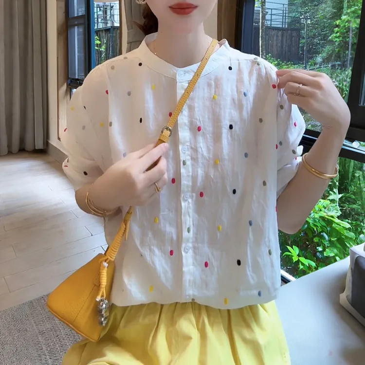 设计感波点娃娃衬衫法式上衣显瘦遮肉微胖mm大码女装洋气减龄衬衣