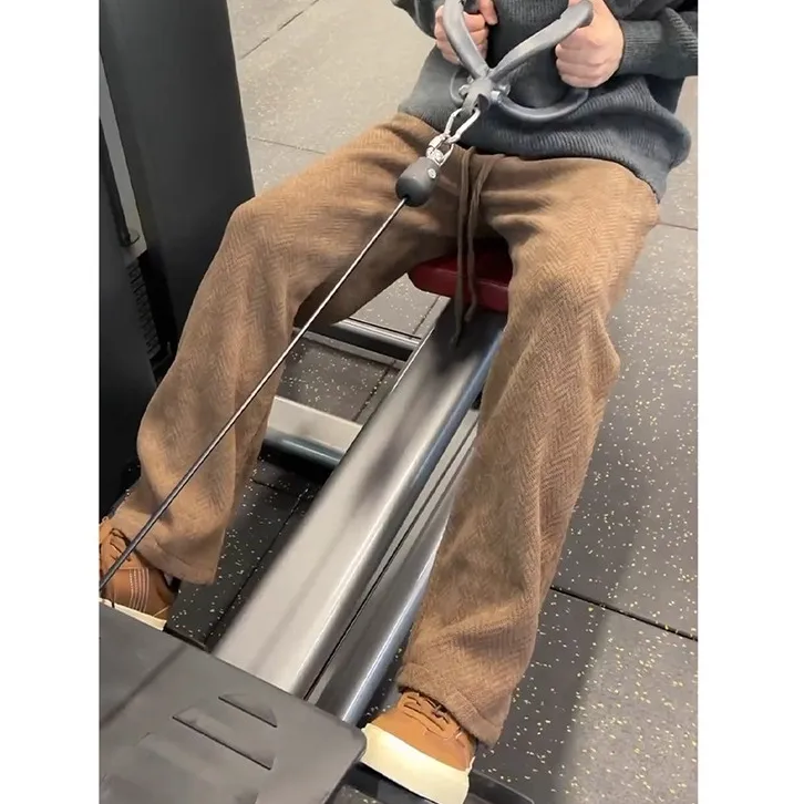 VALVOELITE咖色人字纹毛呢阔腿裤秋冬加绒加厚卫裤直筒裤男运动裤