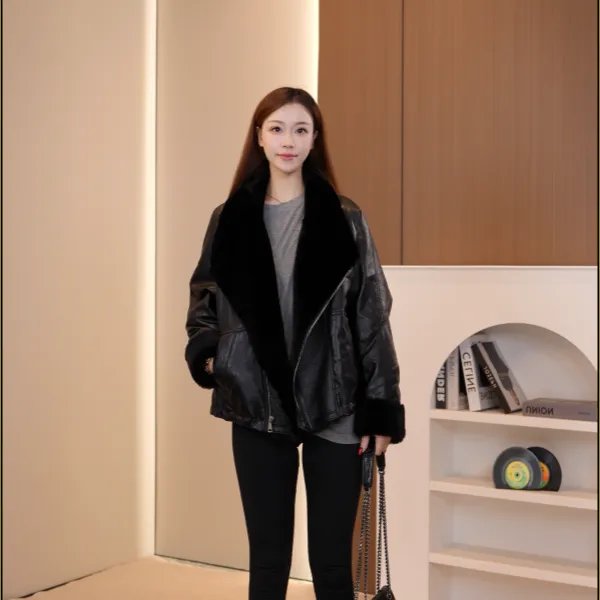 海宁冬季新款真皮绵羊皮毛一体通勤女士皮衣鹅绒服8871