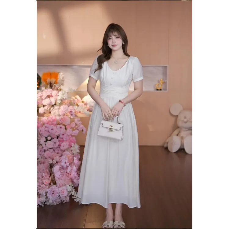 大码女装法式赫本风气质高级感短袖连衣裙女夏季度假风超好看长裙