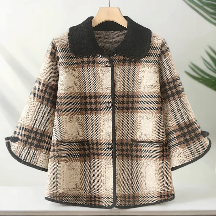 中年妈妈秋装针织格子外套小香风毛呢开衫中老年女装上衣2025新款