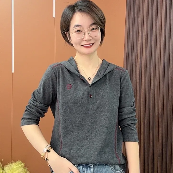 2025秋季连帽时尚洋气百搭女士显瘦减龄打底衫气质上衣Y6669 -1