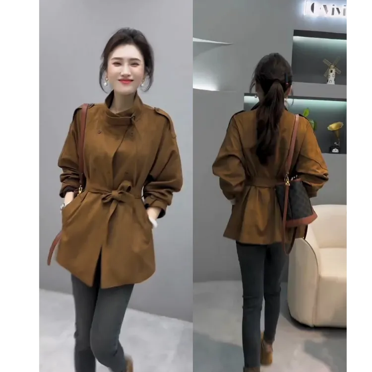 秋季时尚爆款流行穿搭琥珀流光风女2025新款复古立领腰带风衣外套