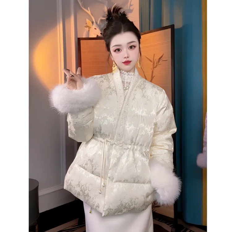 2025新款内收腰显瘦轻奢新中式保暖加厚棉服冬季百搭气质V领国风