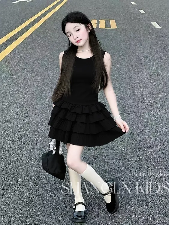 女童赫本风连衣裙儿童装高级感黑色蛋糕裙宝宝女孩公主风背心裙子