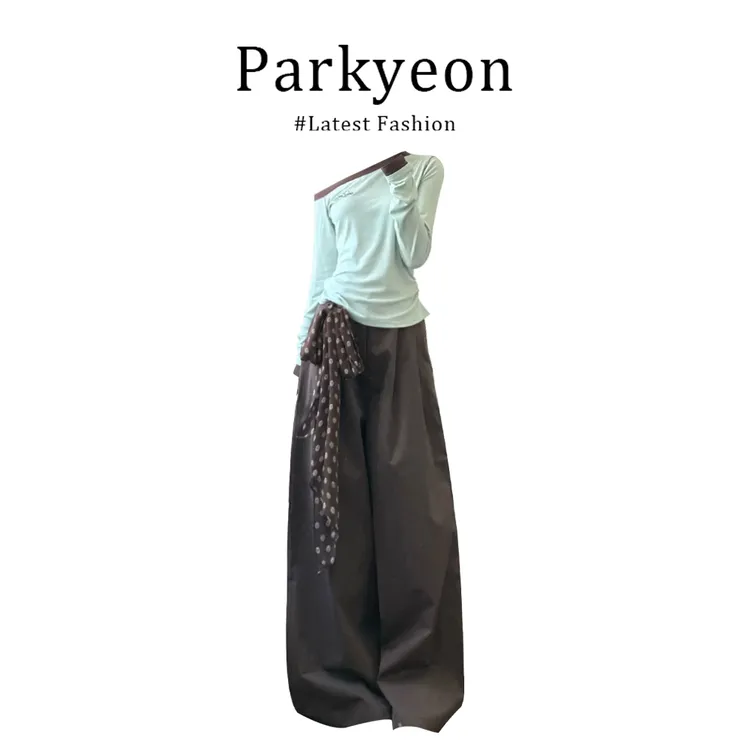 parkyeon韩系早秋穿搭斜肩撞色T恤上衣直筒宽松休闲阔腿裤两件套
