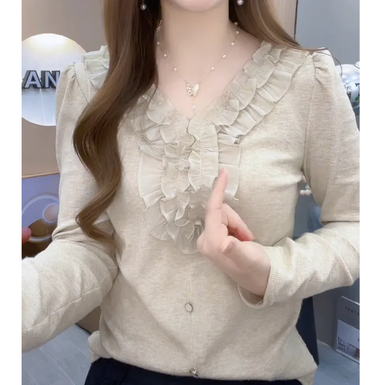 早秋蕾丝花边女款纯色长袖2025新款小众设计时尚百搭法式洋气上衣