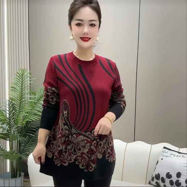 中年妈妈洋气中长款花色毛针织衫女2025秋冬新款长袖宽松百搭小衫