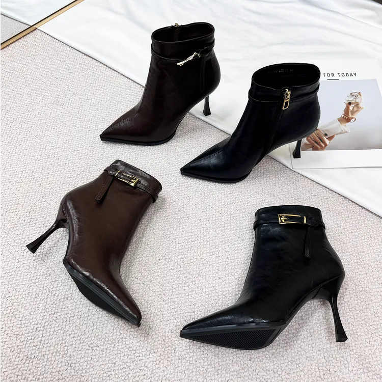 6/8cm 扣袢高跟短靴女士秋冬季欧美时装靴 棕色瘦瘦靴时尚马丁靴