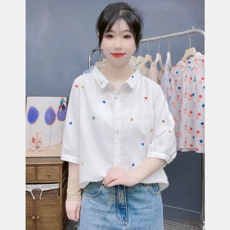 2025夏季新款衬衣中袖复古文艺双层棉纱爱心刺绣宽松百搭衬衫上衣