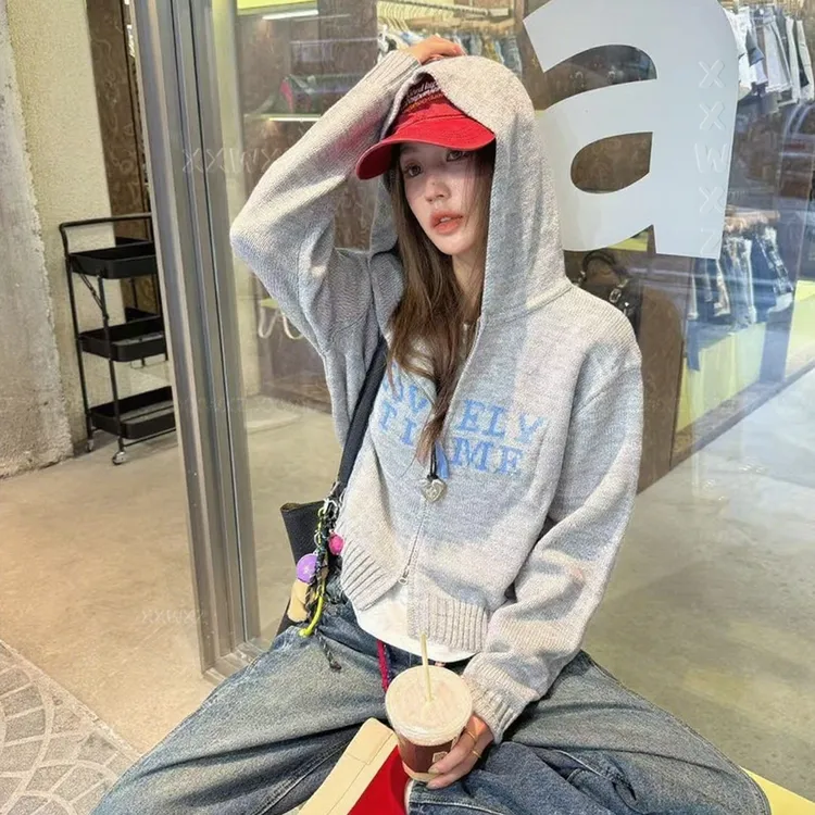 小众设计字母连帽卫衣毛衣外套女早秋宽松百搭拉链针织开衫上衣N
