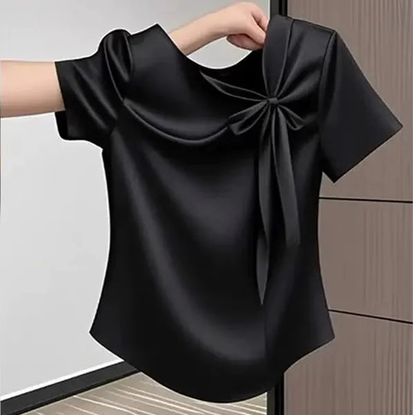 巨遮肚大码胖mm显瘦黑色蝴蝶结绑带短袖T恤女夏季正肩超好看上衣