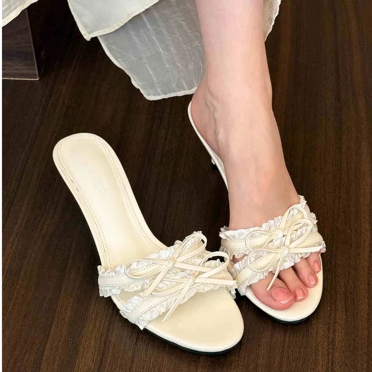 AM-916-26蕾丝少女！白色圆头蝴蝶结凉拖女2025夏季穆勒细高跟鞋子