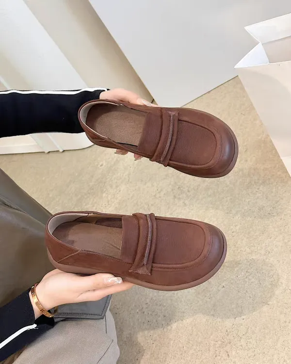 2025头层牛皮新款复古软底防滑单鞋一脚蹬皮鞋舒适平底乐福鞋