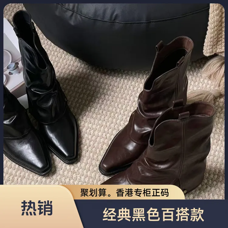 2025新款真皮牛皮牛仔方头长靴时尚时装靴单靴英伦风尖头黑色秋冬