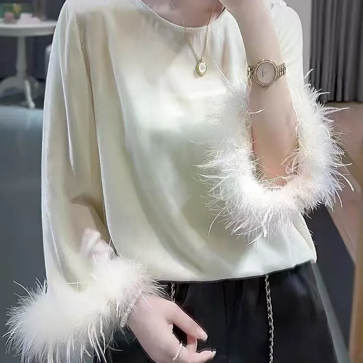 604#冬季加绒新款新中式《岁月静好》女士时尚气质潮流毛袖口上衣