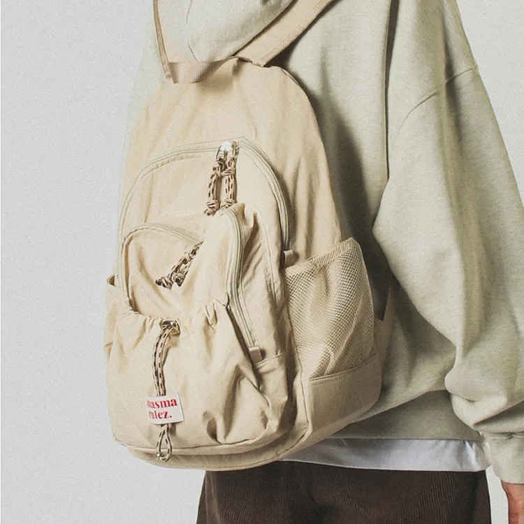 masmarulez官方正品现货尼龙布轻便双肩包女生大容量通勤背包米色