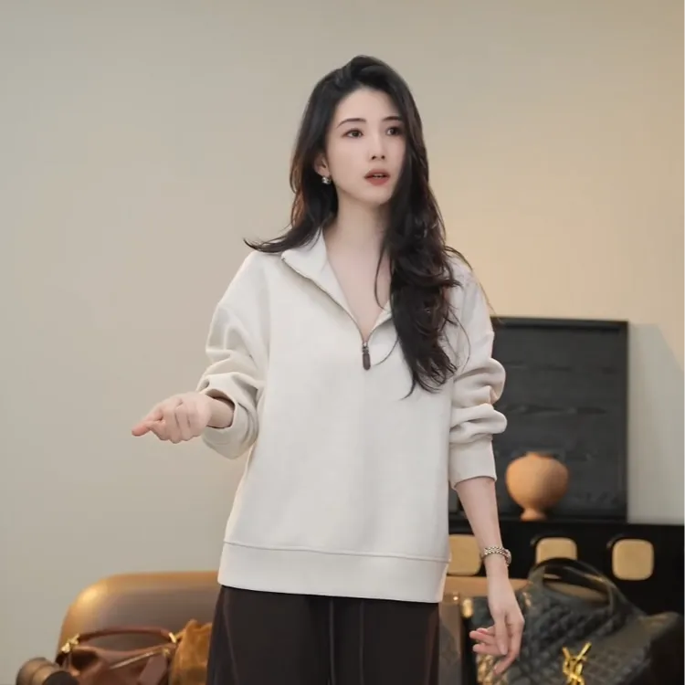 小乖逃白色卫衣高领小鹿卫衣半拉链衫百搭衬衫休闲卫衣上衣TS8110