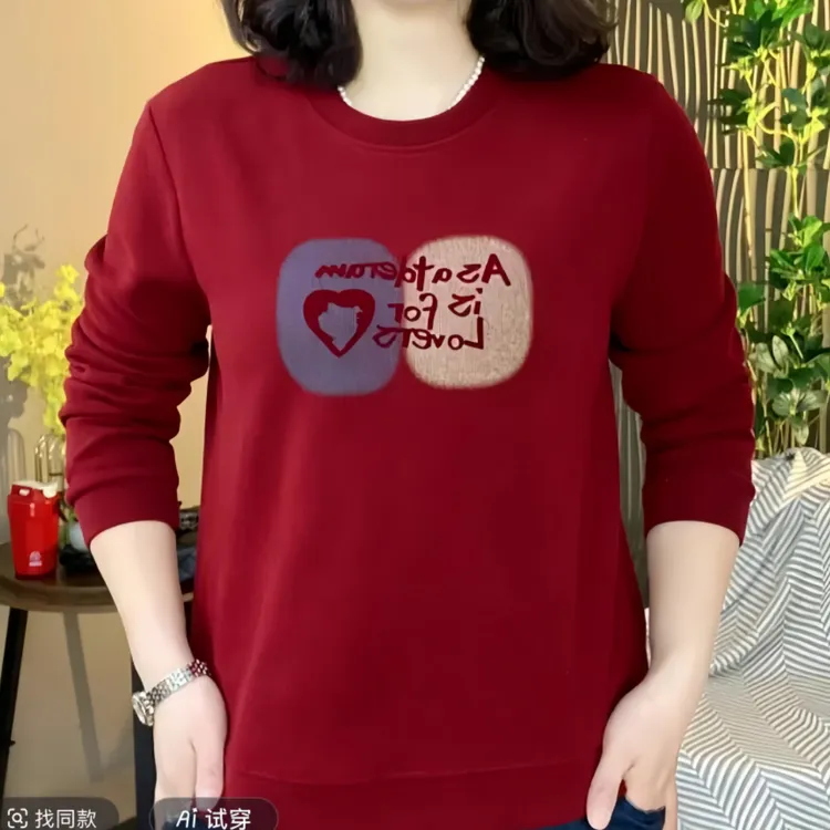 中年女士印花长袖春季百搭长袖圆领气质时尚休闲红色宽松薄款
