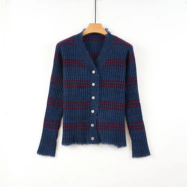 天山【100山羊绒】2025秋冬新款-小蛮腰 V领条纹羊绒衫-YKNL5793T