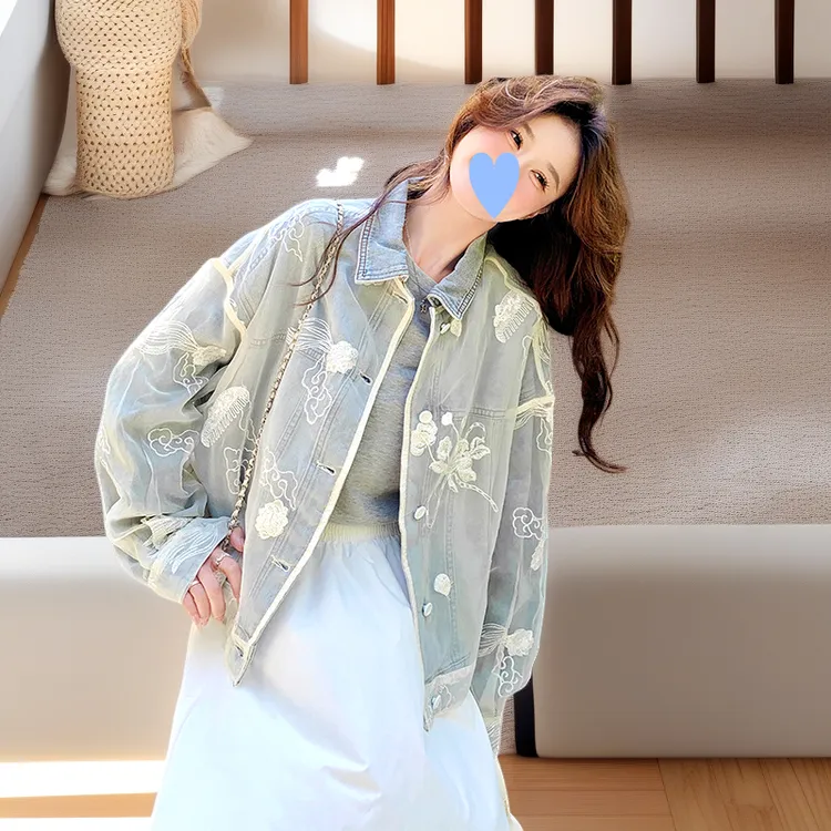 2025春秋新款新中式国风复古蕾丝拼接牛仔外套女气质百搭夹克上衣