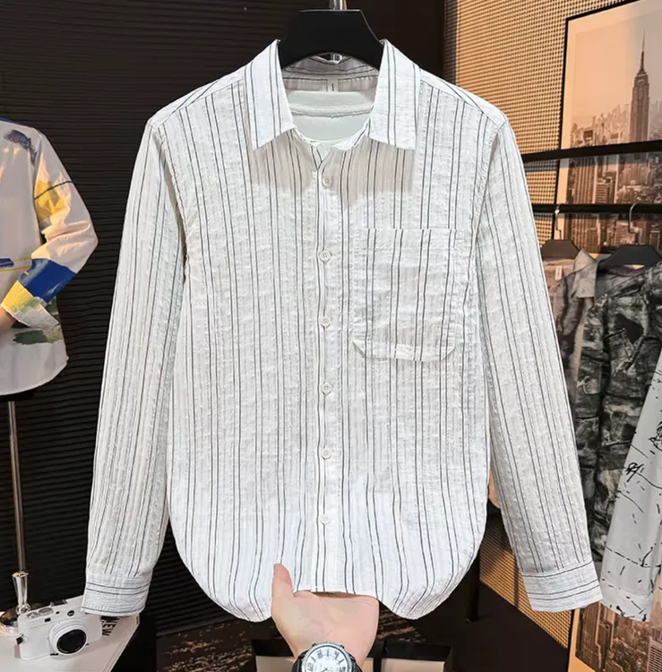 轻奢潮牌男长袖条纹衬衫春秋新款男装高级感舒适白色衬衣外套上衣