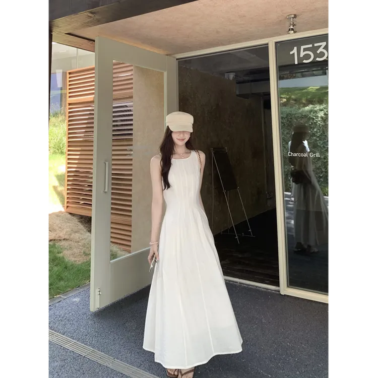 【 hllm专属】白色天丝亚麻无袖连衣裙女新款收腰长裙背心裙子