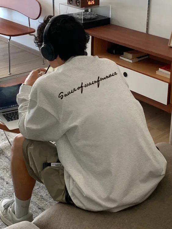 【重磅纯棉】春秋新款潮流休闲美式百搭宽松圆领设计感ins男长袖T恤