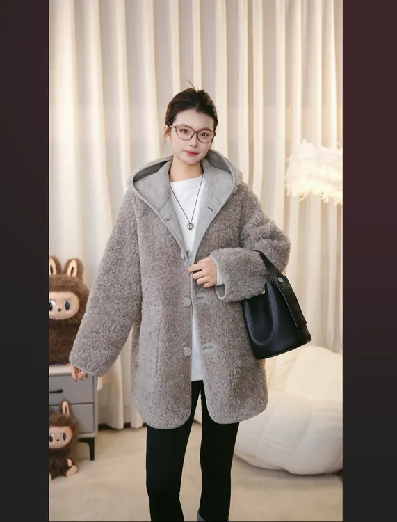 欣儿专属中长款连帽双面加长澳洲全羊毛女装外套时尚百搭