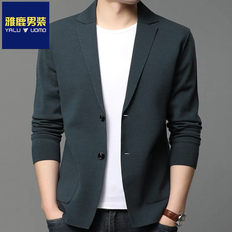 雅鹿男装针织衫开衫外套男春秋季2024新款春装西服外穿毛衣西装潮