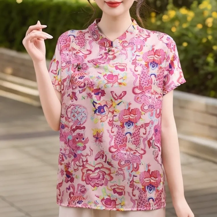 夏季新中式立领短袖印花轻熟风斜襟夏季衬衫中式上衣