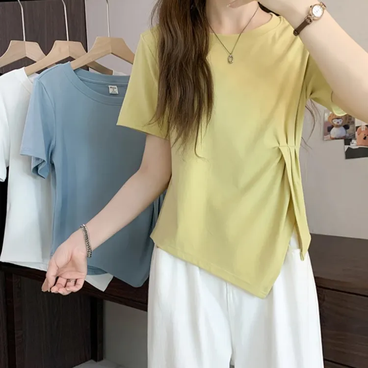 法式减龄2025夏装新款微胖MM大码女简约不规则圆领短袖T恤上衣