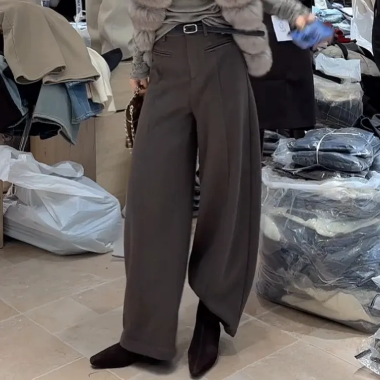 秋冬新款韩系百搭加绒高腰时尚气质窄版弯刀裤加腰带LK2508398