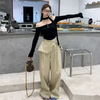 【满分松弛】飘带一字领净版长袖花边系绳屁帘工装裤