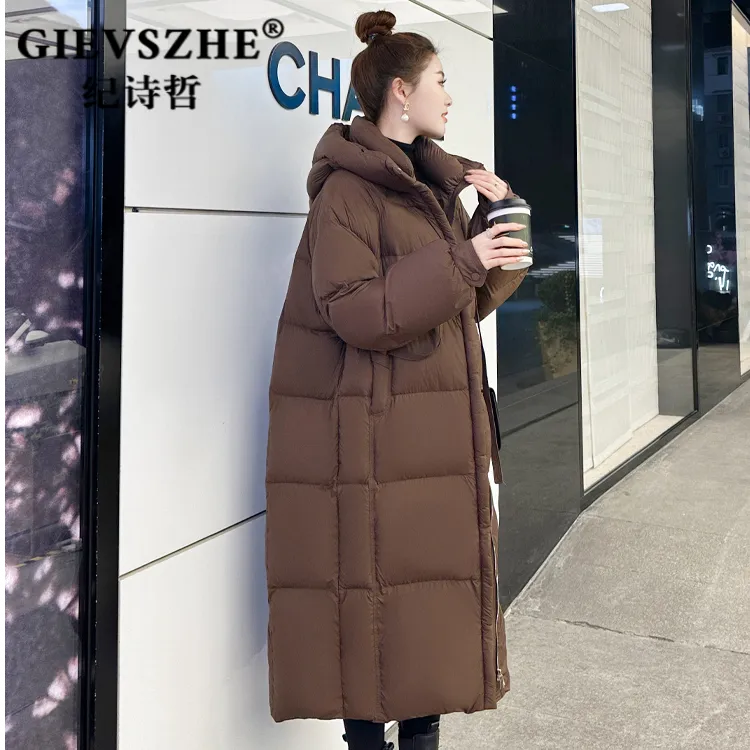 纪诗哲冬季长款羽绒服女2025新款时尚显瘦过膝加厚保暖白鸭绒外套