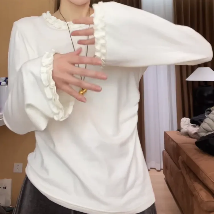 极简百搭木耳边圆领斜摆侧捏褶T恤上衣LK2507777