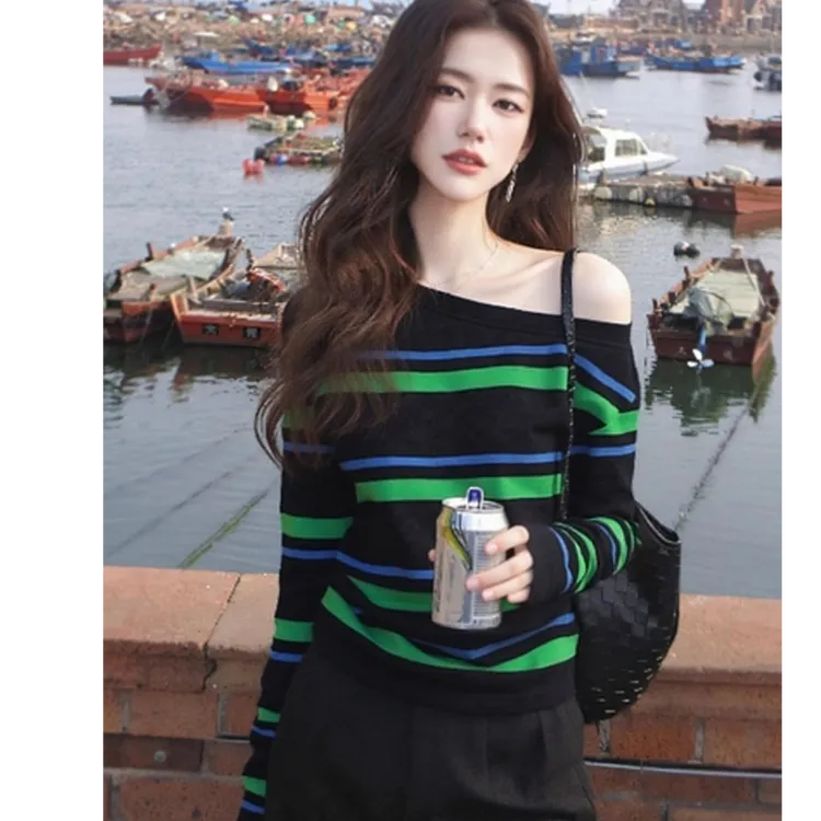 超好看上衣韩系慵懒风松弛感小众不撞款斜肩条纹T恤针织衫秋显瘦