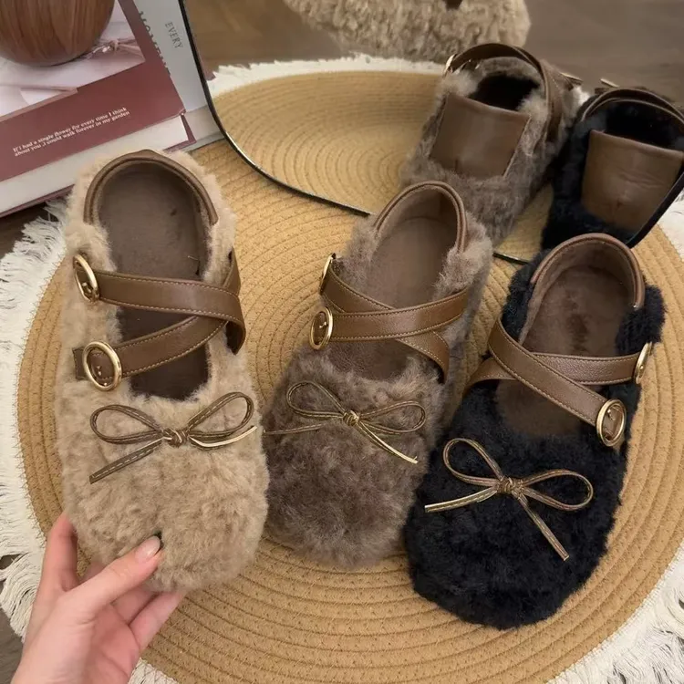 秋冬蝴蝶结交叉绑带甜美厚底软底舒适百搭休闲防滑外穿女毛毛鞋