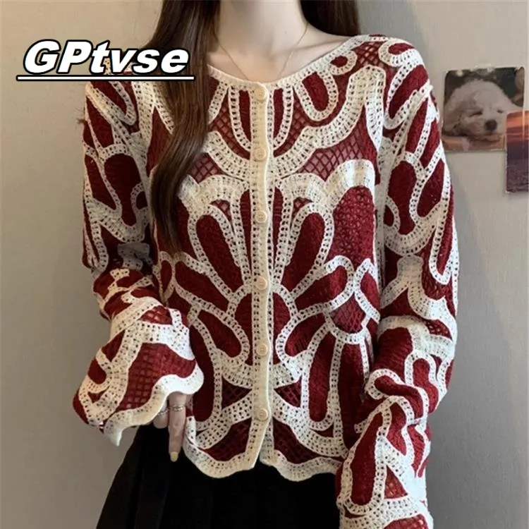 GPTVSE独特超好看镂空红色针织衫秋季2025新款大码女装外套上衣潮