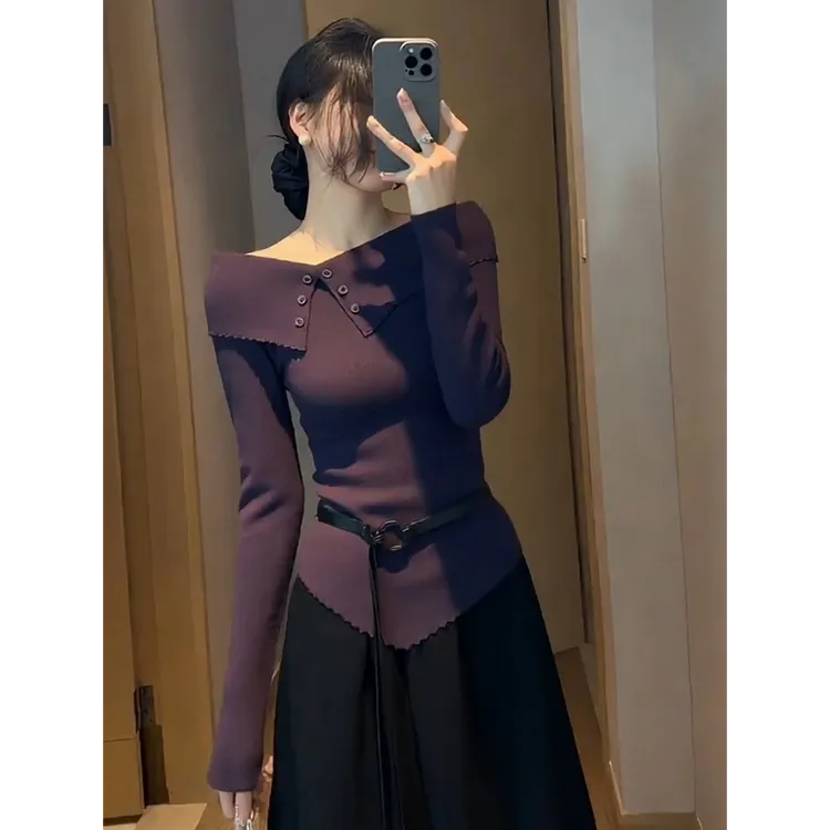 紫色上衣2025秋季新款设计感小众绝美漂亮气质修身内搭打底针织衫